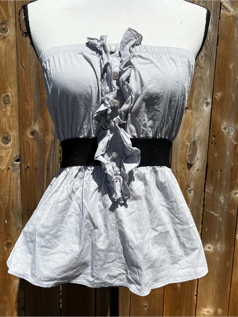 Mega Wear Y2K Strapless Ruffle Button Peplum Top in Light Gray